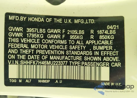 2021 Honda Civic Sport from USA, damaged, VIN SHHFK7H46MU223377